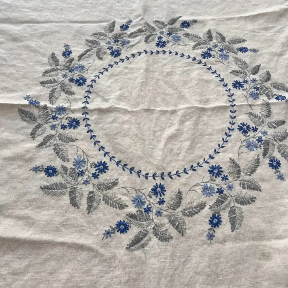 Antique Linen Tablecloth Blue & White Florals Hand Embroidered 64.5 x 47